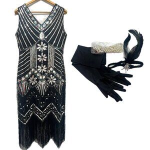 1920s Women Costume Black Flapper Sequin Dress Set Size XL